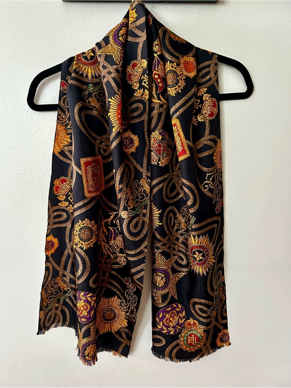 Ralph Lauren Black and Gold Silk Scarf with Rope, Medallions and Crests